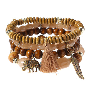 Retro Leaf Elephant Elastic Multilayer Bead Bracelet