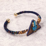 Bohemian Women Bracelet Punk Blue Bead Inlay Leather Triangle Charm Gold Plated Woven Boho Bangle 