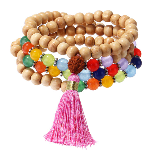 108Pcs Wood Buddha Beads Multilayer Bracelet Colorful Agate