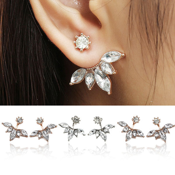 Elegant Silver Gold Plated Zircon Leaf Ear Stud Earrings For Women