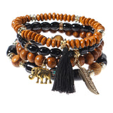 Retro Leaf Elephant Elastic Multilayer Bead Bracelet