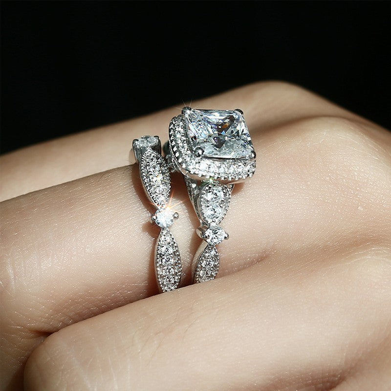 2Pcs Fashion Zircon Geometric Leaves Ring Set for Women