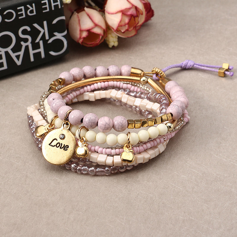 Bohemian Love Print Coin Pendant Beads Multilayer Adjustable Bracelet for Women Clothing Accessories