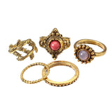 5 Pcs Punk Leaf Ring Set Retro Golden Zinc Alloy Red and Purple Stone Knuckle Ring Jewelry for Women