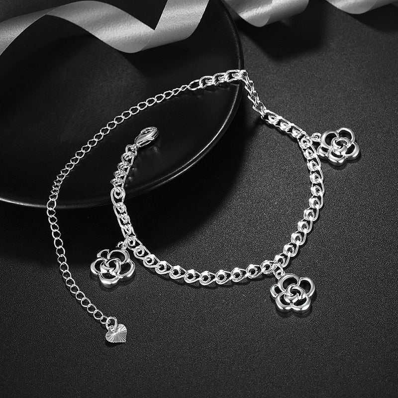 Simple Hollow Flower Pendant Silver Plated Adjustable Anklet