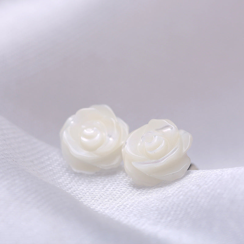 925 Silver Needle Shell Rose Flower Ear Stud Earrings Women Jewelry