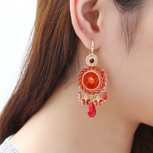 Bohemian Retro 14K Gold Plated Earrings Ethnic Sun Shape Bowknot Red Zircon Ear Drop for Women