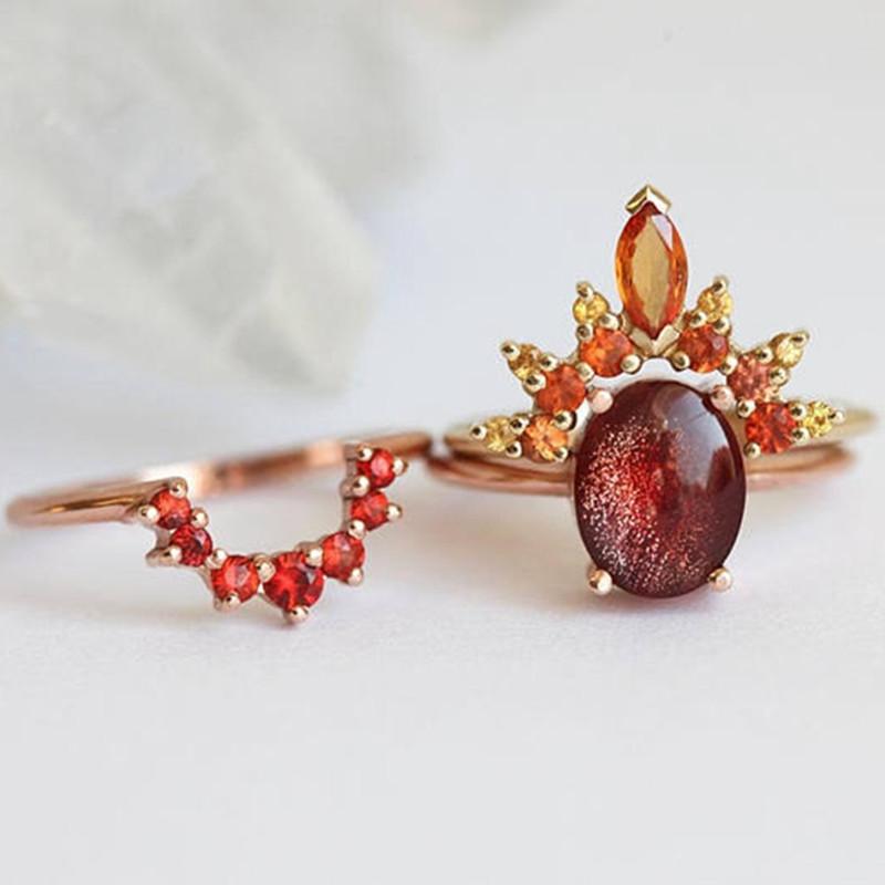 3 Pcs/set Stackable Rings Ruby Crystal Flower Charm Bohemian