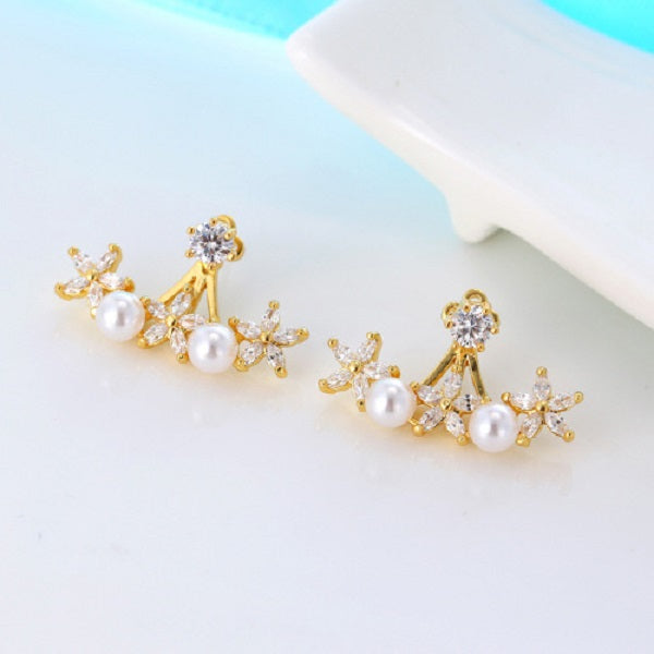 925 Silver Needle Pearl Flower Cubic Zircon Crystal Ear Stud Earrings