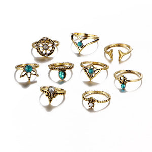 9 Pcs Bohemian Statement Ring Set Helm Leaf Knuckle Rings