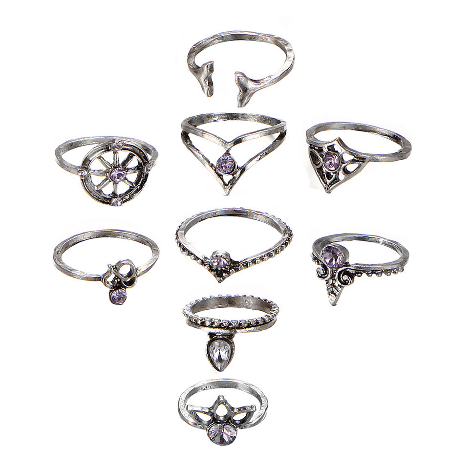 9 Pcs Bohemian Statement Ring Set Helm Leaf Knuckle Rings