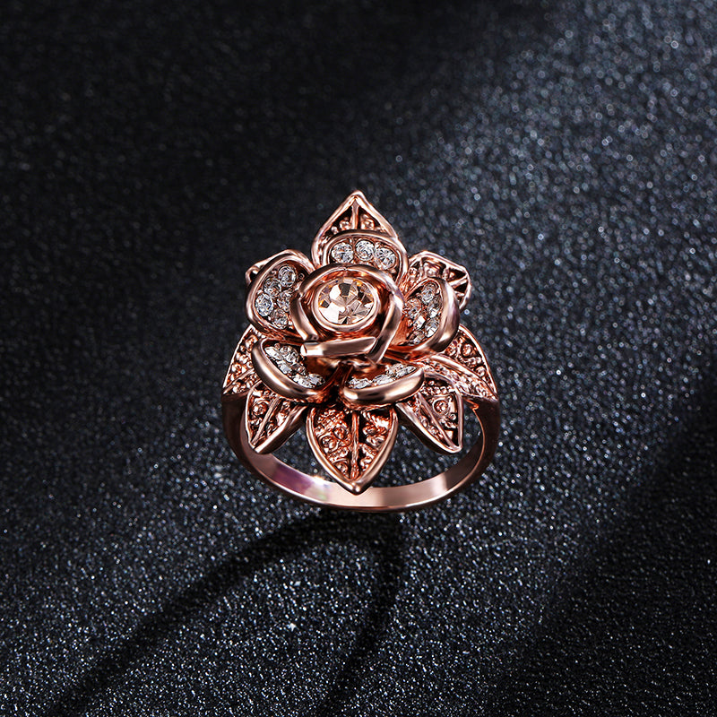 Champagne Gold Zircon Lifelike Flower Elegant Accessories Ring Rose Gold Rhinestone Ring