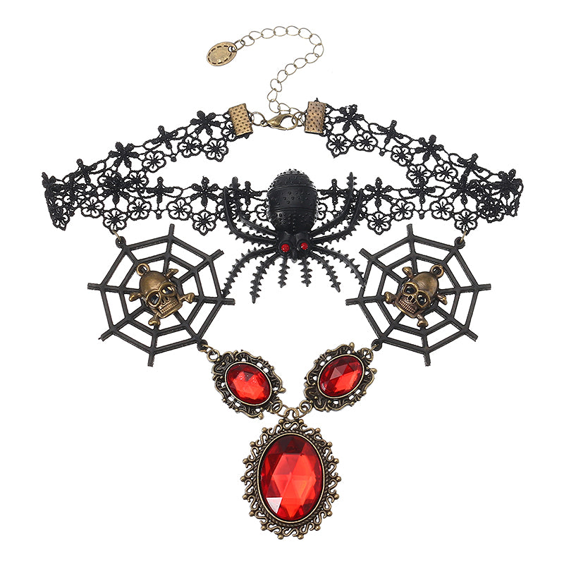 Vintage Lace Skull Head Choker Crystal Spider Web Necklace Halloween Party Accessories