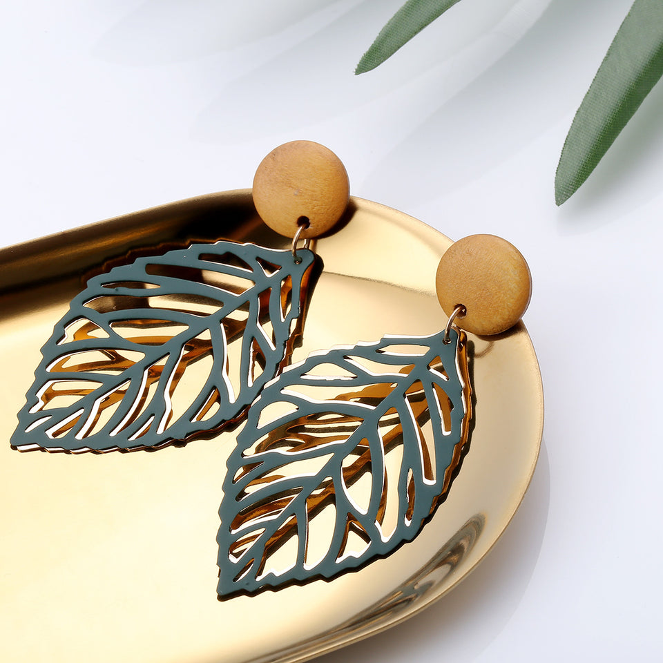 Simple Style Wood Hollow Leaves Drop Earrings  for Women