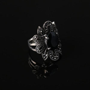 Black Crystal Antique Silver Finger Rings Hollow Flower Punk