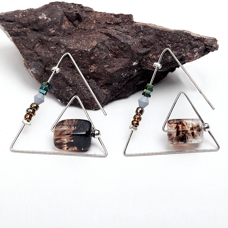 Retro Geometric Triangle Natural Crystal Stone Women Earrings