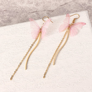 Sweet Pink Butterfly Arc Line Tassel Pendant Ear Clip Drop Earrings Fashion Jewelry for Women 