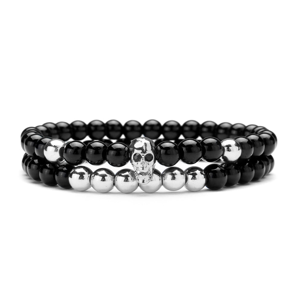 Fashion Men's 6mm Black Onyx Bead Skeleton Skull Head Beaded