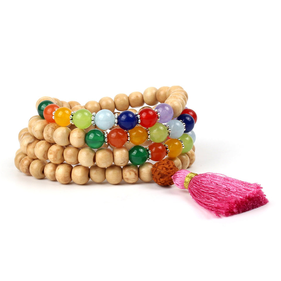 108Pcs Wood Buddha Beads Multilayer Bracelet Colorful Agate