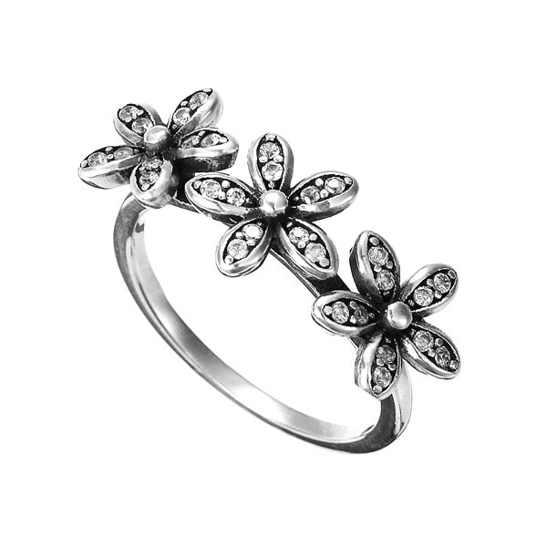  Vintage 925 Sterling Silver Three Flowers Crystal Ring Women Jewelry