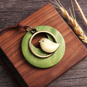 Vintage Round Wood Plate Pendant Necklaces