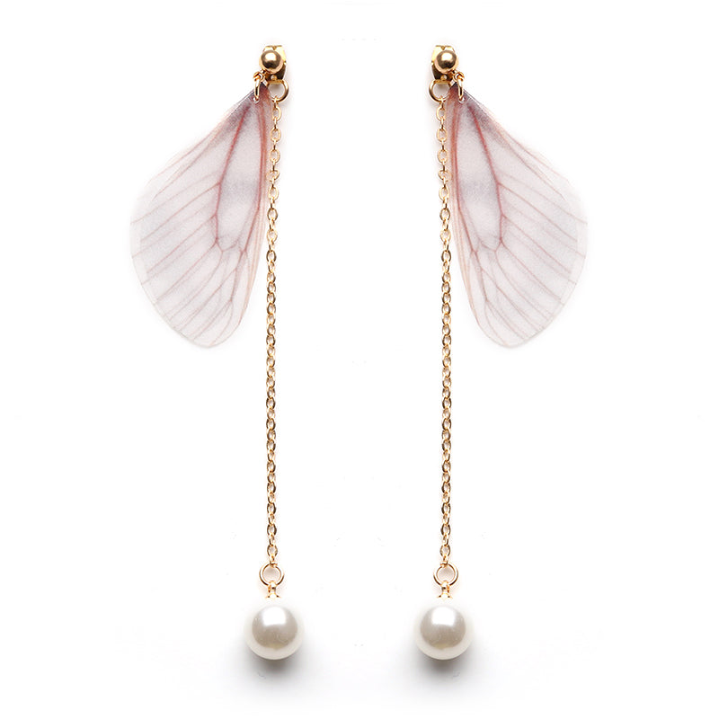 Sweet Chiffon Wings Asymmetric Artificial Pearl Women Earrings