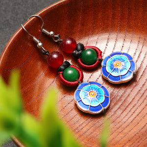 Ethnic Retro Flower Pendant Ear Drop Tassel Agate Vintage Earrings for Women