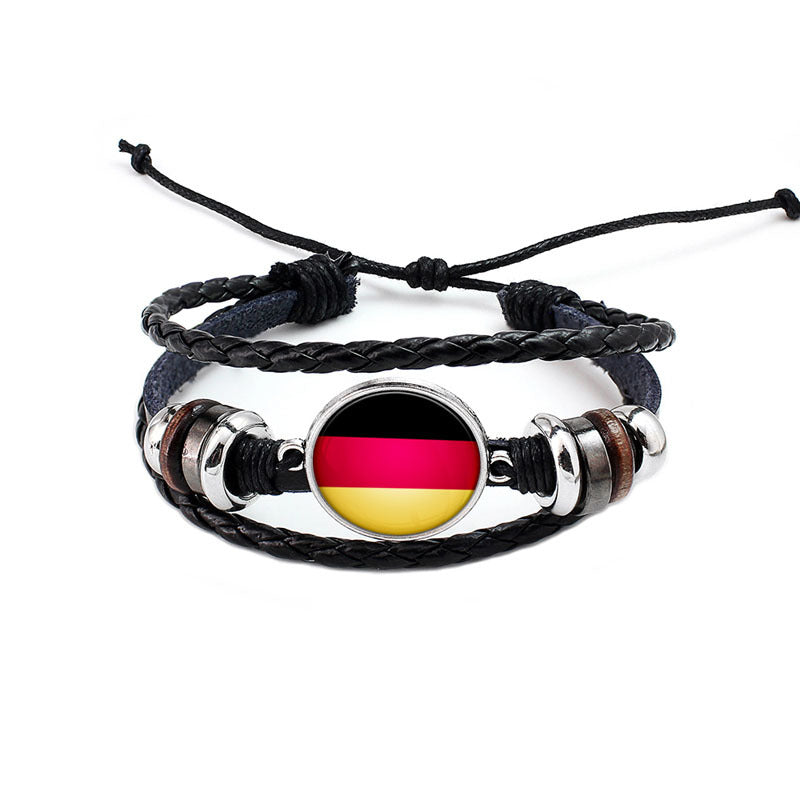 Unisex National Flag Pattern Bracelet Alloy Leather Rope Bracelet for Men Women