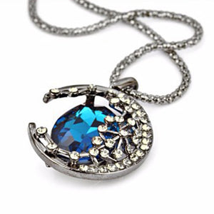 Vintage Crystal Pendant Necklace Moon Oval Sapphire Chain