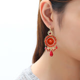 Bohemian Retro 14K Gold Plated Earrings Ethnic Sun Shape Bowknot Red Zircon Ear Drop for Women