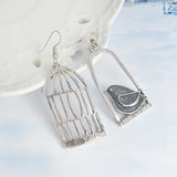 Blue Grey Bird Birdcage Fashion Asymmetric Women Earrings