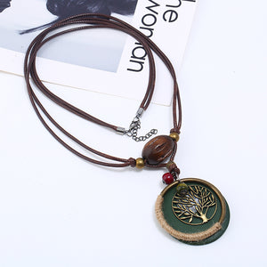 Women's Vintage Tree Wood Bead Long Leather Pendant Necklace