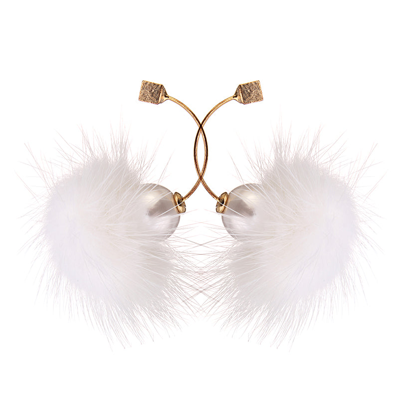 Fuzzy Ball Ear Drop Artificial Pearl Cute Earrings 