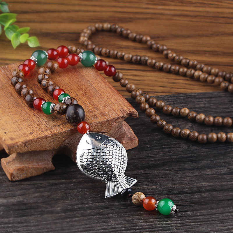 Retro Women's Colorful Wood Buddha Beads Pendant Necklace