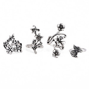 4 Pcs Ring Set Bohemian Flower Silver Rings for Women