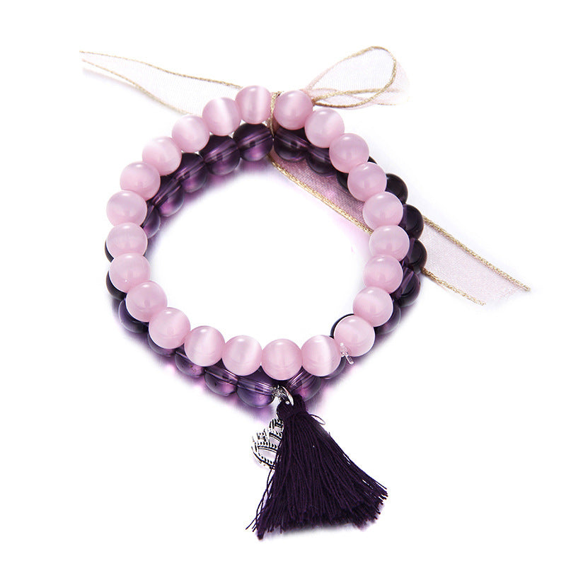 Sweet Amethyst Crystal Opal Beads Heart Tassels Elegant Two-layer Bracelet Women Jewelry 