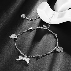 YUEYIN 925 Silver Plated Anklet Bracelet Sweet Heart Bowknot Pendant Sandal Foot Chain