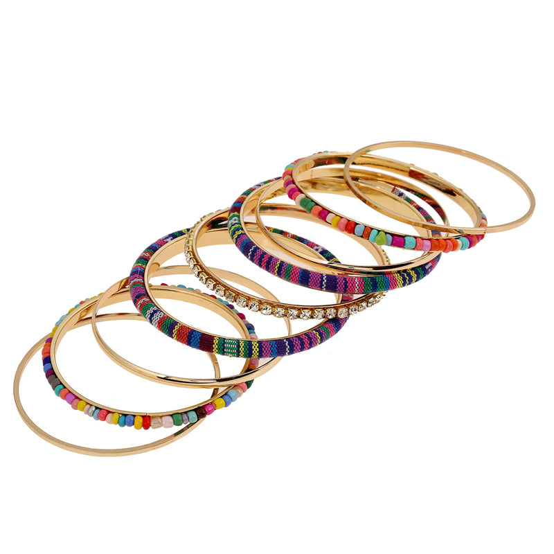 Bohemian Bead Fabric Rhinestone Multilayer Metal Bangle Bracelet 