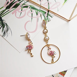 Fashion Asymmetry Blue Pink Flamingo Dangle Earrings Crystal