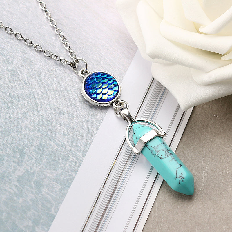 Women's Long Chain Turquoise Natural Stone Colorful Scale Pandent Silver Necklace