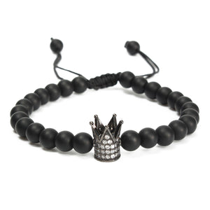 Unisex Black Matte Onyx Crown Crystal Beads Bracelet Jewelry