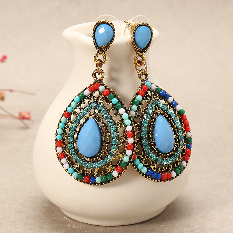 Bohemian Rhinestone Water Drop Pendant Ear Stud Piercing Earrings Clothing Accessories for Women 