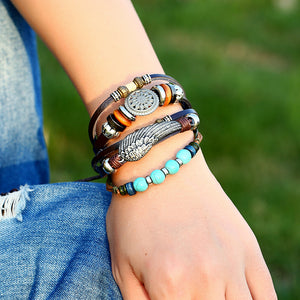 Adjustable Black Braided Leather Bracelet Multilayer Weave