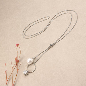 Elegant Pearl and Rhinestone Cube Hoop Pendant Silver Plated Tassel Long Necklace for Women