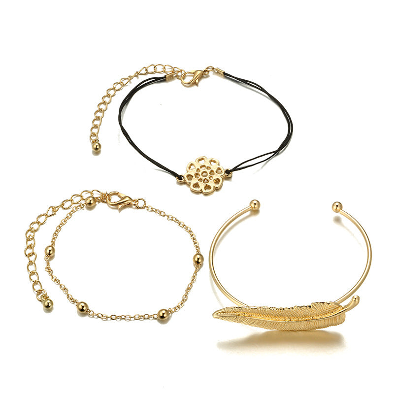 3Pcs Trendy Bracelet Sets Feather Heart Gold Bangle