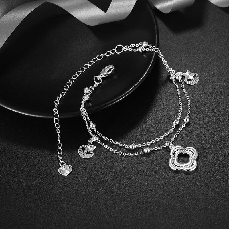 Flower Pendant Silver Plated Anklet Star and Moon Shaped Foot Chain