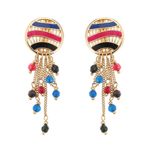 Women Bohemian Earrings Gold Plated Round Charm Tassel Colorful Bead Pendant Ear Clip Boho Jewelry