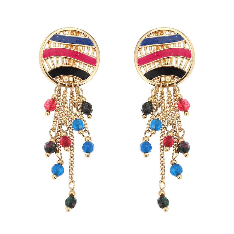 Women Bohemian Earrings Gold Plated Round Charm Tassel Colorful Bead Pendant Ear Clip Boho Jewelry