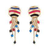 Women Bohemian Earrings Gold Plated Round Charm Tassel Colorful Bead Pendant Ear Clip Boho Jewelry