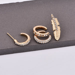 4Pcs Rhinestones Earring Set Gold Ear Clip Leaf Ear Stud